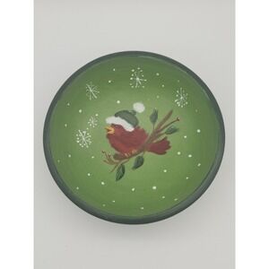 Wooden Bowl Hand Painted Christmas Cardinal Bird Santa Hat 6" Snowflake Green
